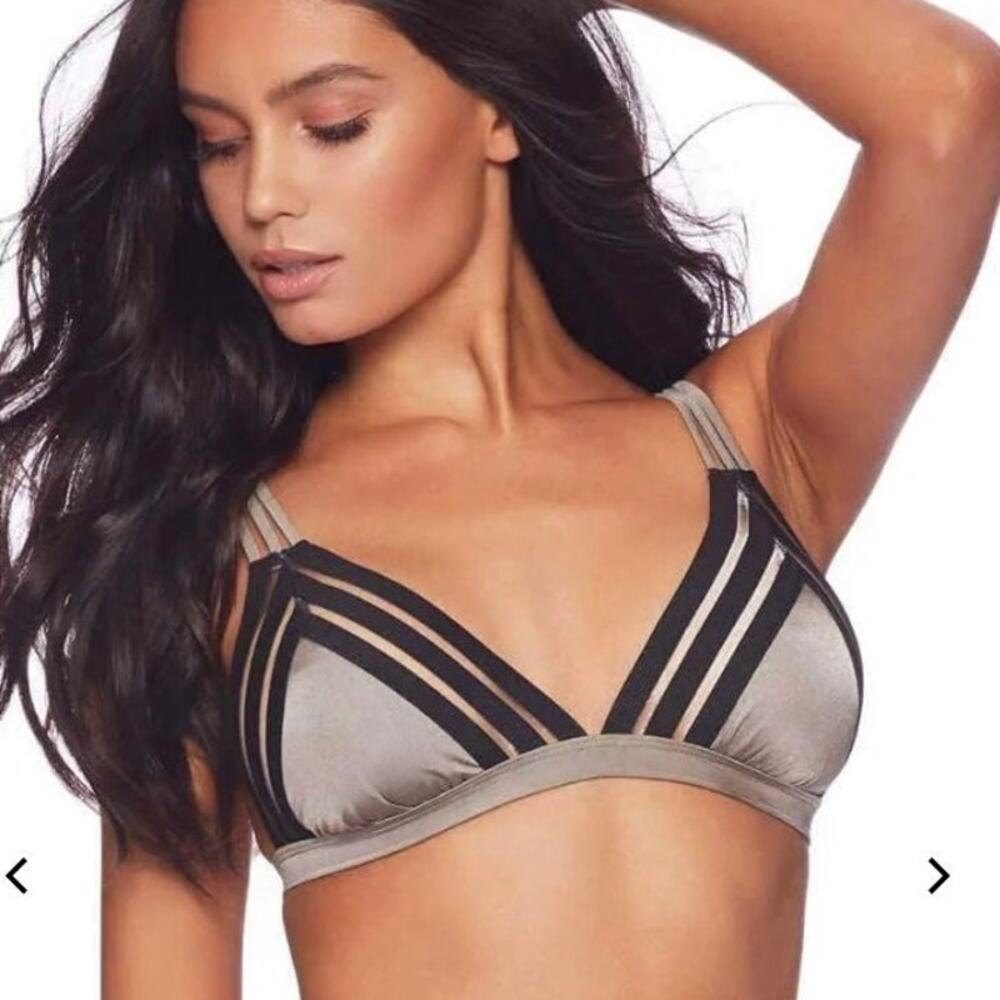 NWT Beach Bunny Sheer Addiction Triangle Bikini Top In Pewter / Black $95 Small